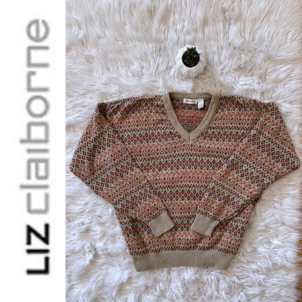EUC vintage 1990s Liz Claiborne 🇺🇸 100% cotton knit v-neck dad sweater, L